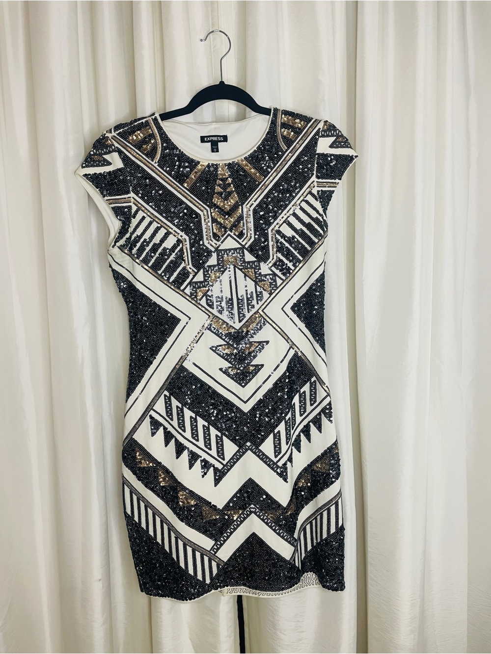 Express White Sheath Dress with Black and Gold Sequin Geometric Design